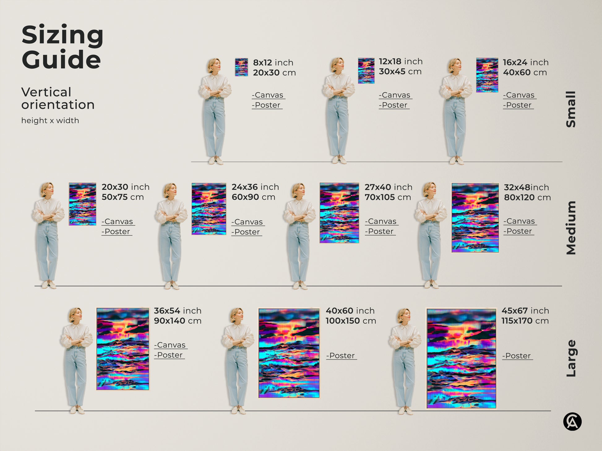 Sizing guide for the abstract glitch art print. The canvas and poster options are available in various vertical sizes. See how the artwork featuring a skyline landscape in cyan orange and purple fits different spaces. Find the perfect size for your modern decor.