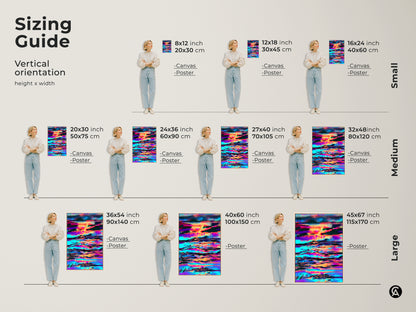 Sizing guide for the abstract glitch art print. The canvas and poster options are available in various vertical sizes. See how the artwork featuring a skyline landscape in cyan orange and purple fits different spaces. Find the perfect size for your modern decor.