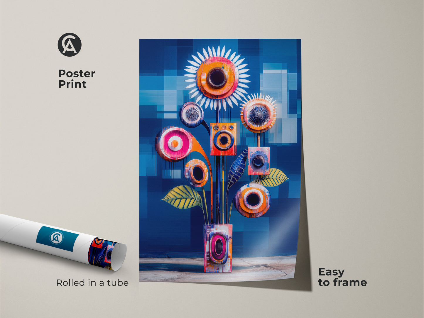 This poster print showcases abstract geometric floral artwork blending a mid-century modern style with teal and orange hues. Rolled in a tube for easy framing it is perfect for adding a touch of contemporary abstract artwork to your home or office wall decor.