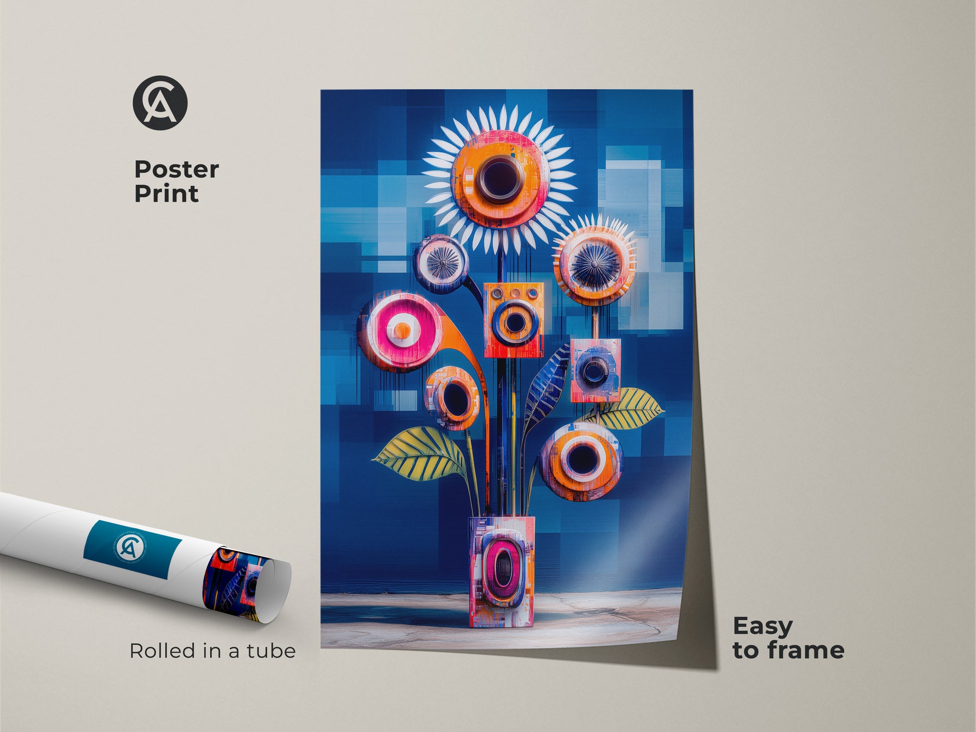 This poster print showcases abstract geometric floral artwork blending a mid-century modern style with teal and orange hues. Rolled in a tube for easy framing it is perfect for adding a touch of contemporary abstract artwork to your home or office wall decor.