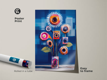 This poster print showcases abstract geometric floral artwork blending a mid-century modern style with teal and orange hues. Rolled in a tube for easy framing it is perfect for adding a touch of contemporary abstract artwork to your home or office wall decor.