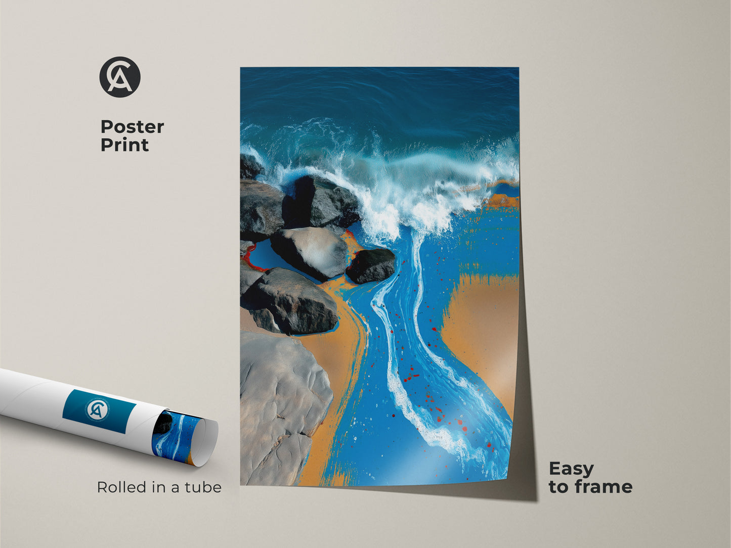 Abstract ocean wave poster print rolled in a tube. This coastal art features deep blue and teal colors. The sandy beach scene is easy to frame. Perfect housewarming gift for a beach lover.