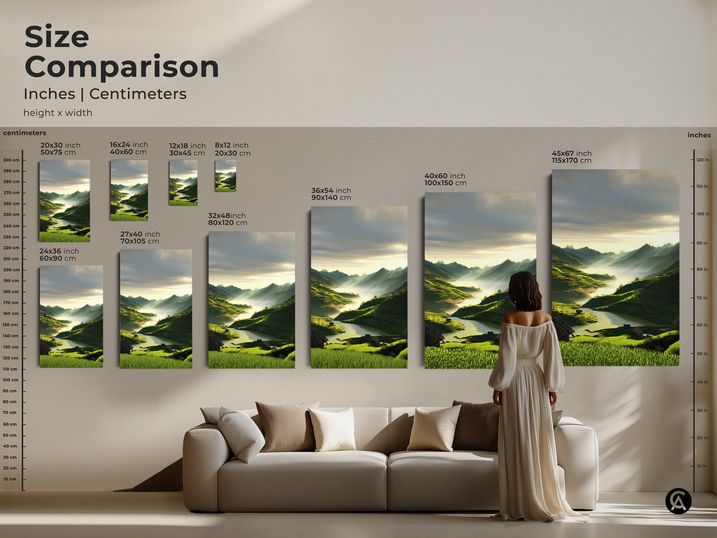 Size comparison of scenic mountain landscape art in inches and centimeters. Visualize artwork dimensions for canvas and poster prints. Sizes range from small to large. Perfect for adding a touch of nature to your residential interior. It is great for home decor.