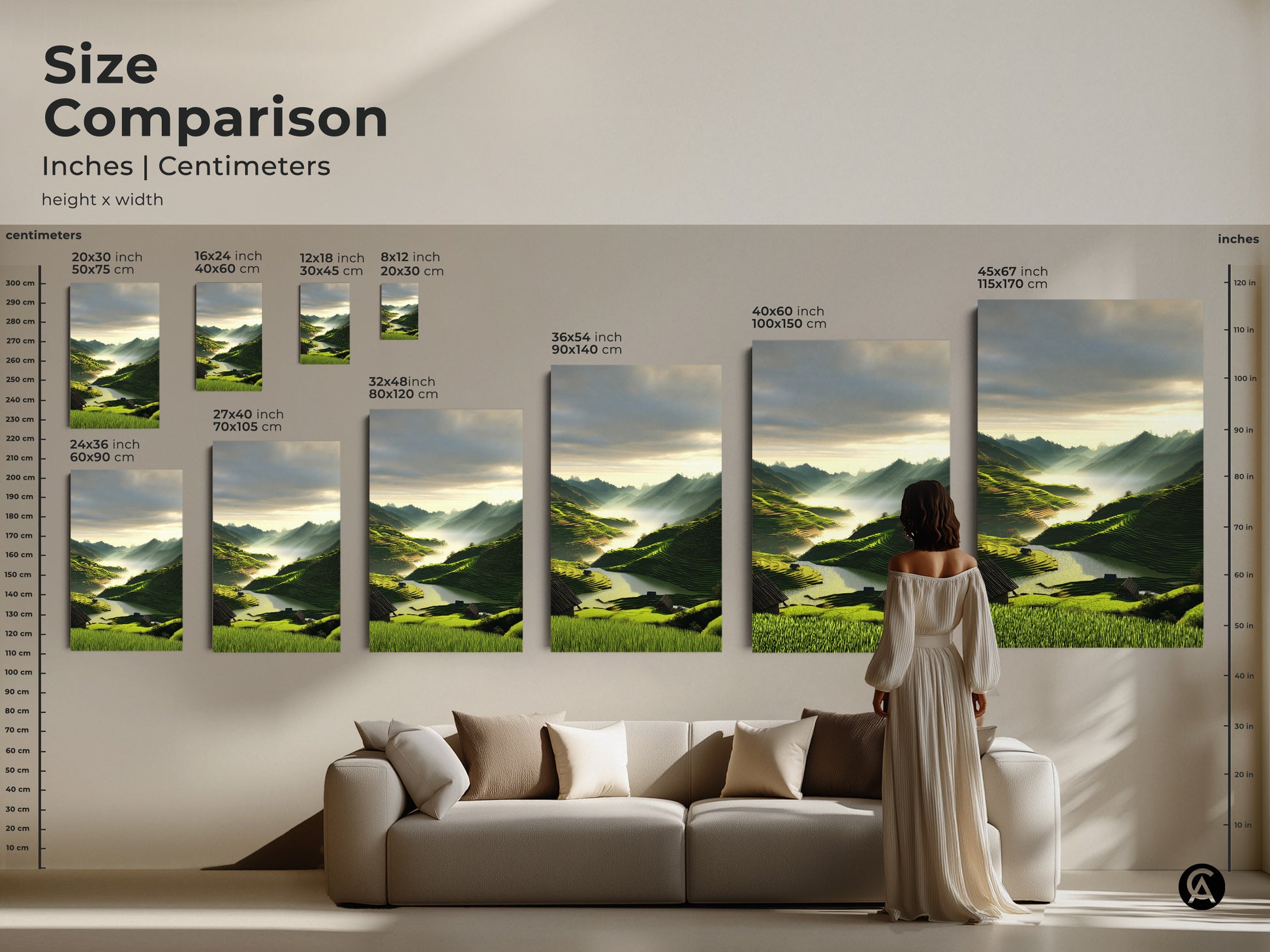 Size comparison of scenic mountain landscape art in inches and centimeters. Visualize artwork dimensions for canvas and poster prints. Sizes range from small to large. Perfect for adding a touch of nature to your residential interior. It is great for home decor.