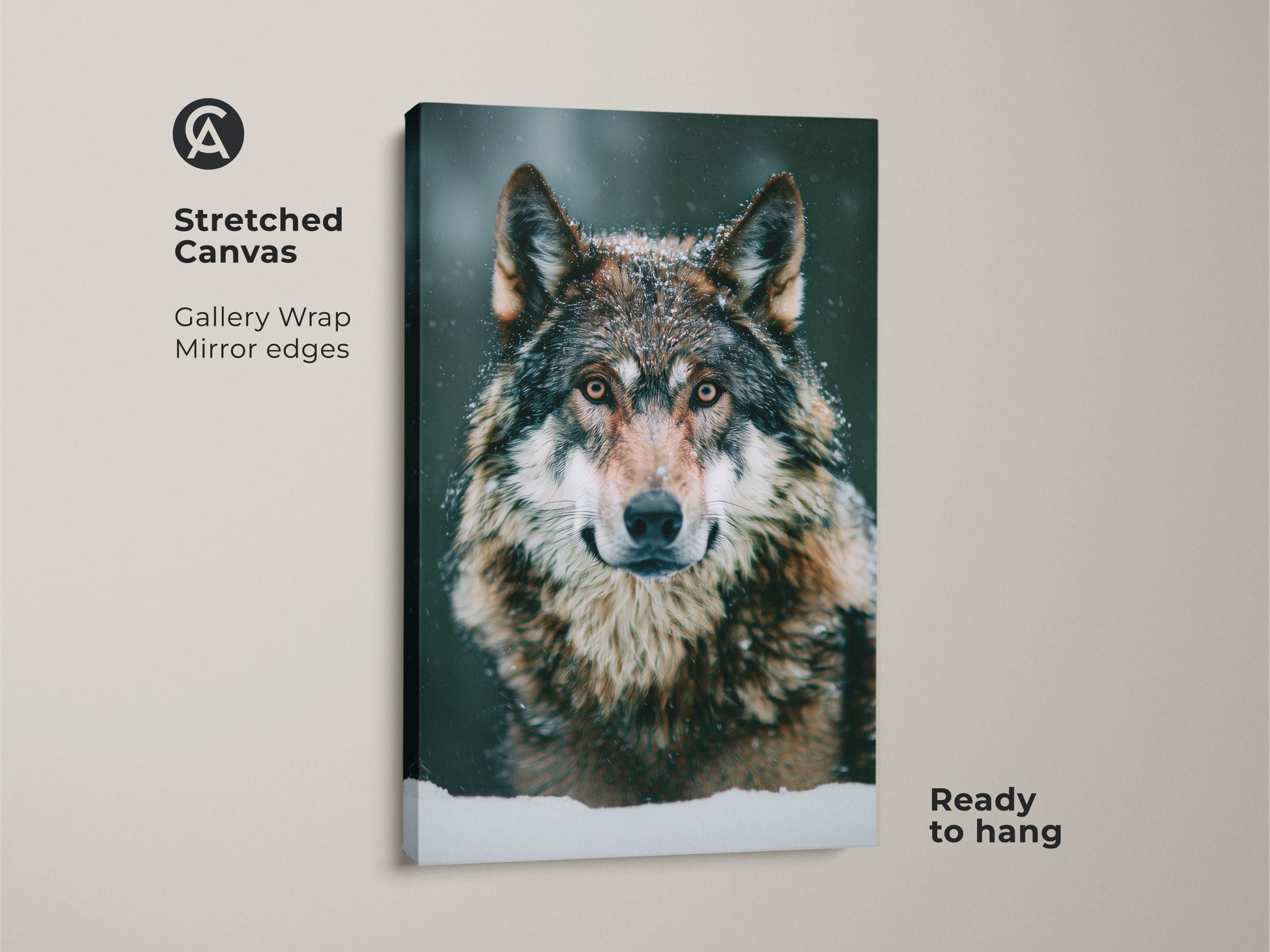 Close-up of a photorealistic wolf canvas. This wildlife animal art shows a snowy forest wolf print. The stretched canvas is ready to hang. It's a perfect wolf lover gift idea. The gallery wrap with mirror edges enhances the winter nature decor.