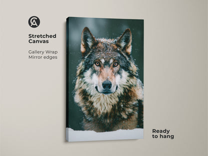 Close-up of a photorealistic wolf canvas. This wildlife animal art shows a snowy forest wolf print. The stretched canvas is ready to hang. It's a perfect wolf lover gift idea. The gallery wrap with mirror edges enhances the winter nature decor.