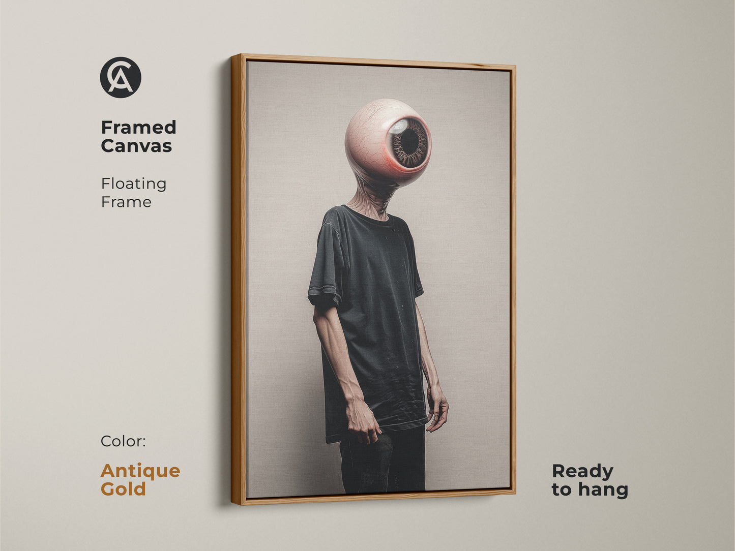 A framed canvas in antique gold highlights a surreal eyeball head. The dark aesthetic wall decor enlivens eclectic spaces. Ready to hang this artwork is great for art enthusiasts. This unique office art makes a bold statement as a brown beige art lover Halloween gift.
