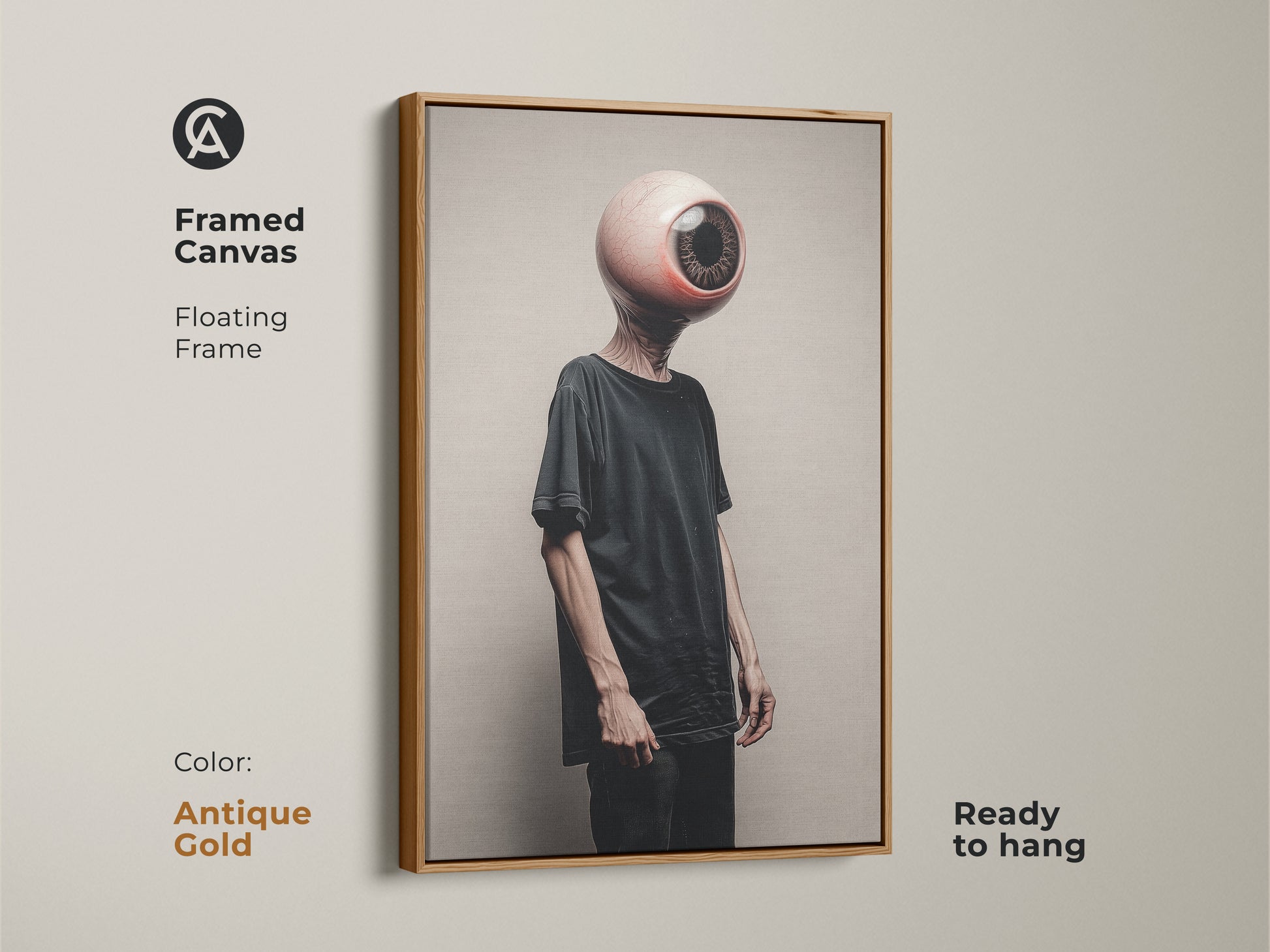 A framed canvas in antique gold highlights a surreal eyeball head. The dark aesthetic wall decor enlivens eclectic spaces. Ready to hang this artwork is great for art enthusiasts. This unique office art makes a bold statement as a brown beige art lover Halloween gift.