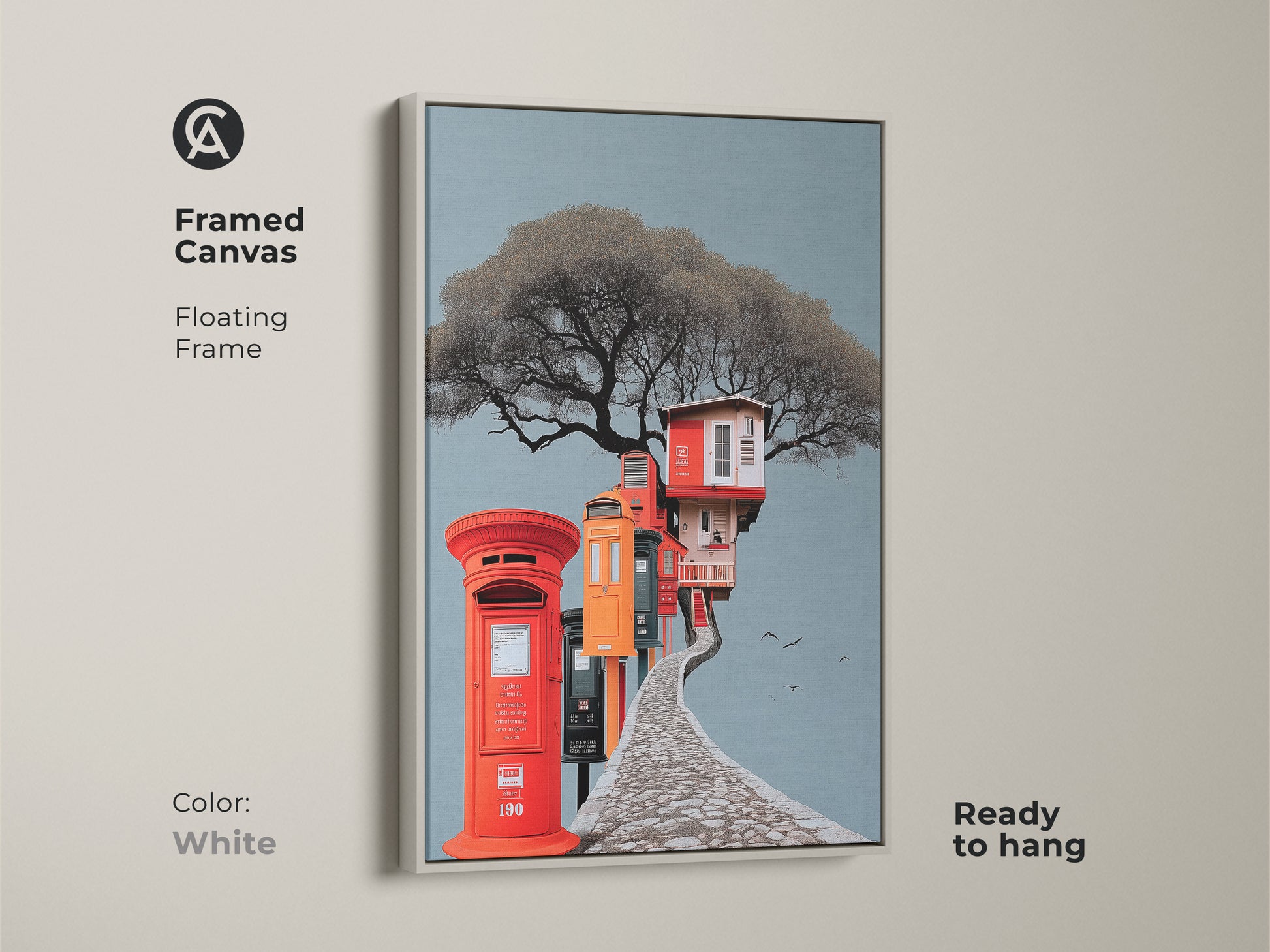 White framed canvas featuring surreal architecture art. A floating frame showcases an eclectic treehouse and post box artwork. Ready to hang gray blue and red orange print is great for unique living room decor. Perfect gift for art collectors.