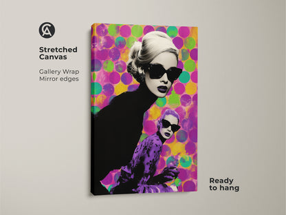 Stretched canvas art of a retro pop art woman. This fashion wall art decor has purple green circles. It's a ready-to-hang gallery wrap with mirror edges. This eclectic glam bedroom art is perfect for a stylish space.