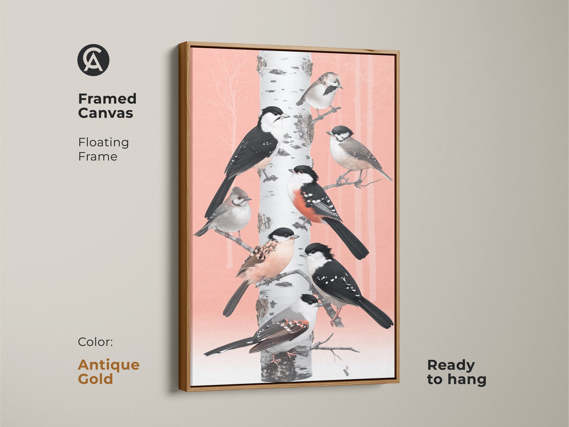 A framed canvas shows birds on a birch tree in Scandinavian folk art. The antique gold floating frame complements the coral and white tones. This ready-to-hang artwork adds an elegant touch. It serves as nature-inspired decor and a unique housewarming present. This animal canvas print enhances any space.