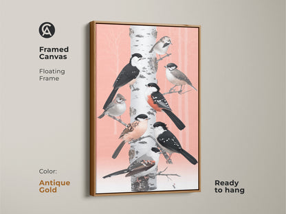 A framed canvas shows birds on a birch tree in Scandinavian folk art. The antique gold floating frame complements the coral and white tones. This ready-to-hang artwork adds an elegant touch. It serves as nature-inspired decor and a unique housewarming present. This animal canvas print enhances any space.