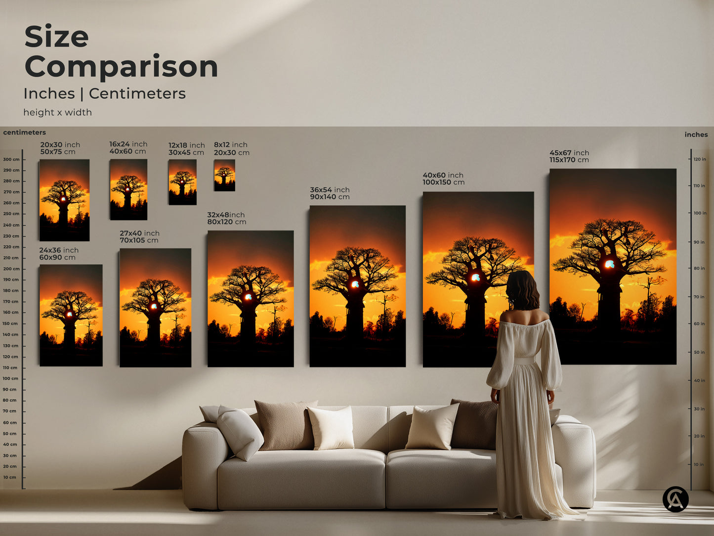 Size comparison of African Sunset Baobab Tree artwork. Available in various sizes from 8x12 inch to 45x67 inch. Choose the perfect size for your space. This is the best boho home decor print.