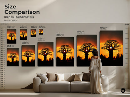 Size comparison of African Sunset Baobab Tree artwork. Available in various sizes from 8x12 inch to 45x67 inch. Choose the perfect size for your space. This is the best boho home decor print.
