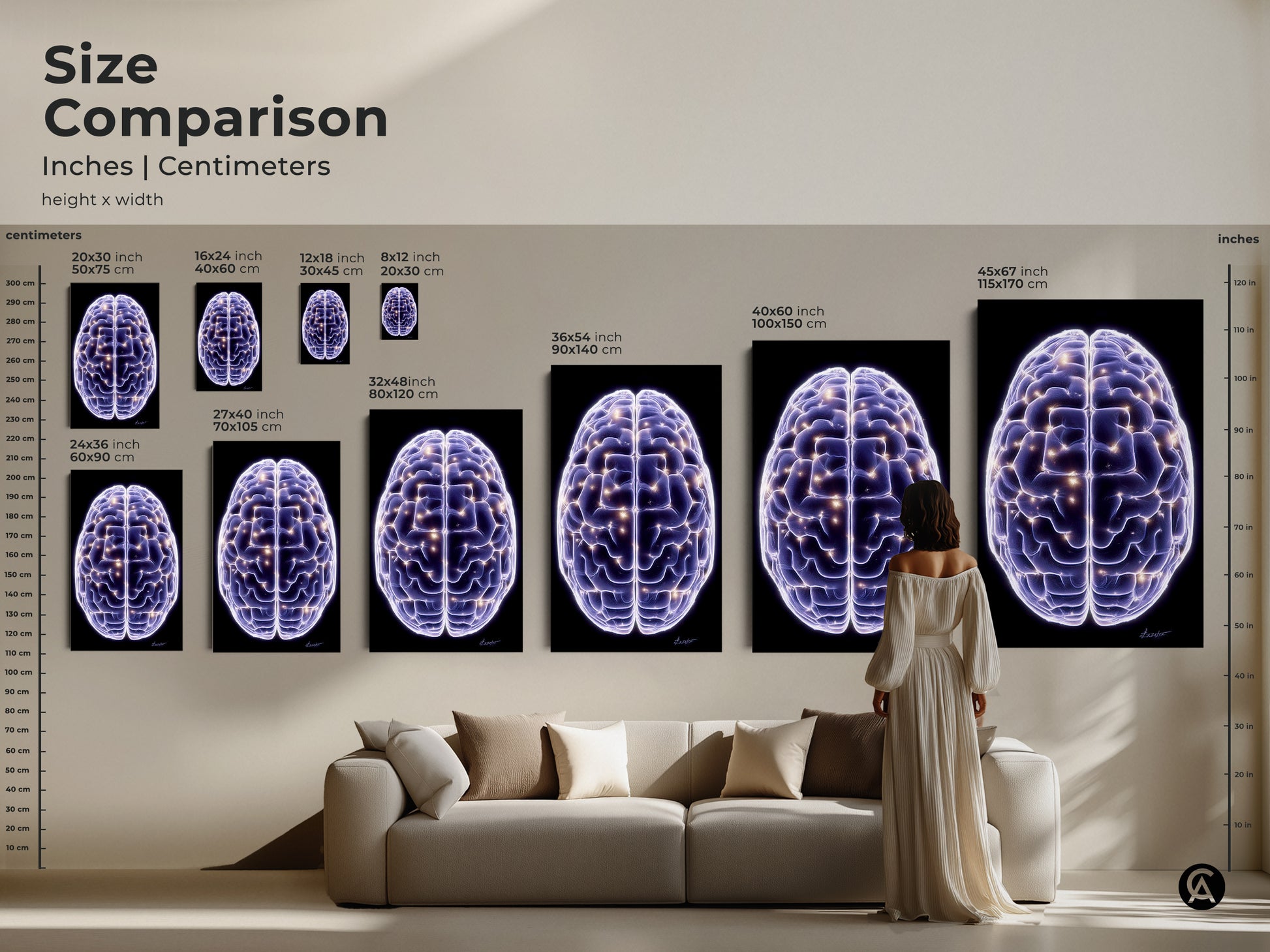 Size comparison of the Science Brain art print in different dimensions. This abstract neuron canvas wall art is purple and blue. A great piece of digital artwork for office decor or a graduation gift.