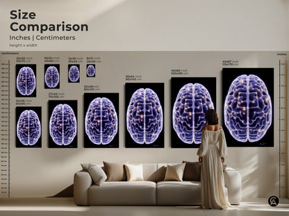 Size comparison of the Science Brain art print in different dimensions. This abstract neuron canvas wall art is purple and blue. A great piece of digital artwork for office decor or a graduation gift.