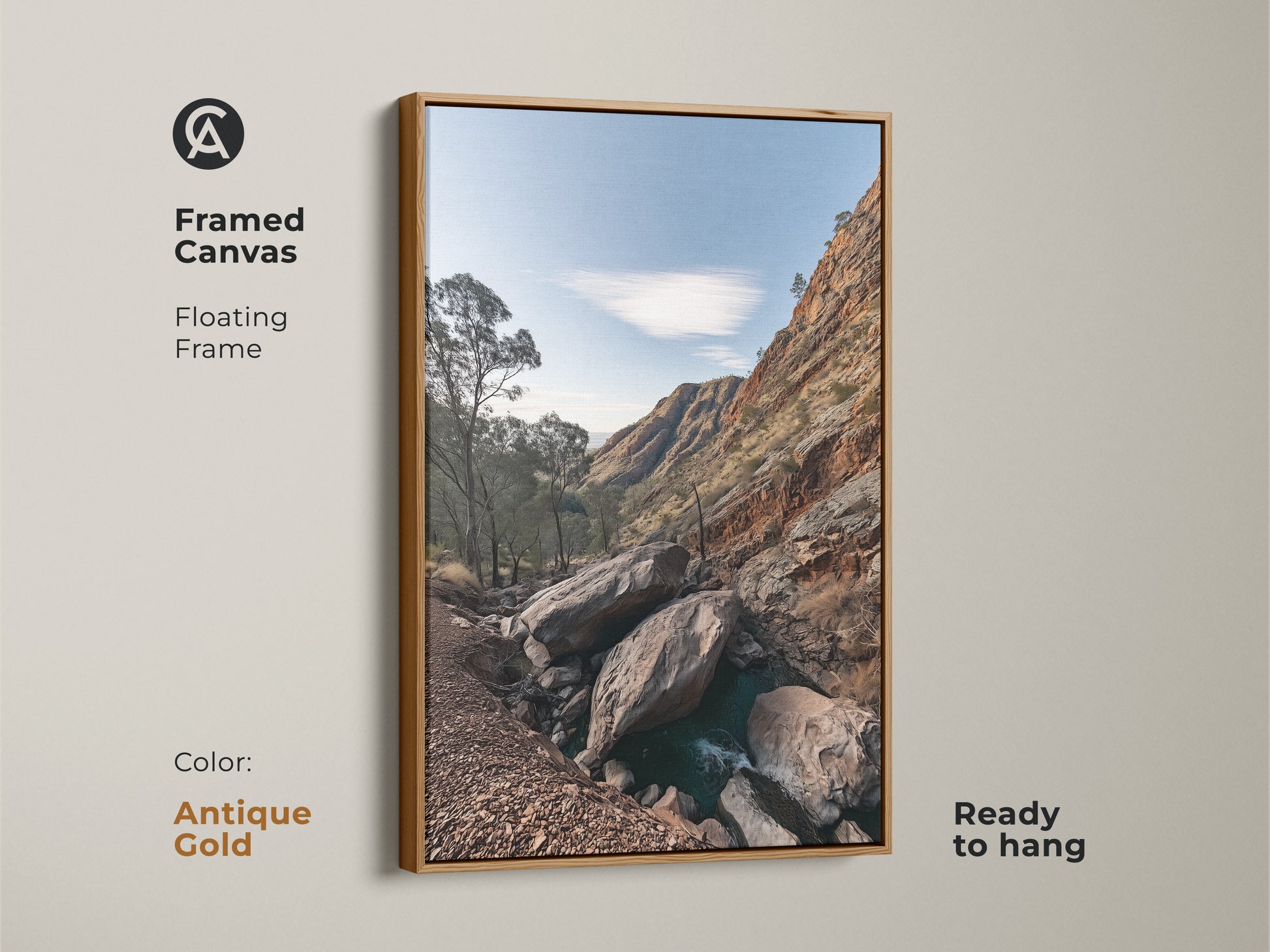 Framed canvas art of a Rocky Mountain landscape with an antique gold floating frame. This rustic wall decor features sky blue nature photography and gnarled trees. Ready to hang this is a perfect hiker gift. Enhance your space with this scenic mountain view.