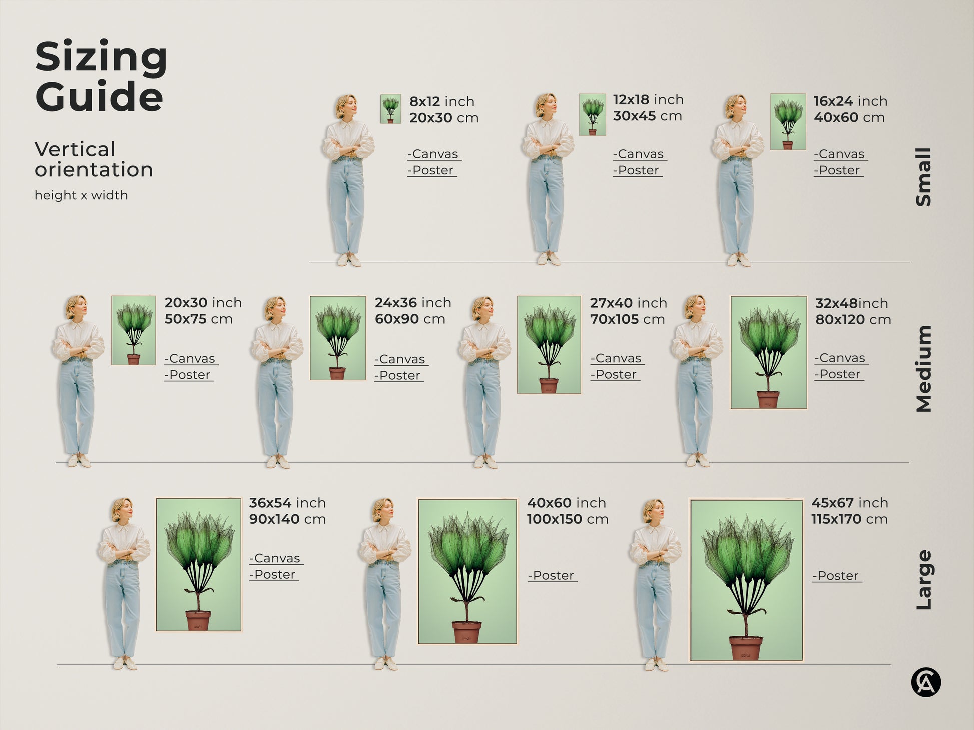 Sizing Guide for Vertical Botanical Art Print on Canvas or Poster. Features delicate translucent green petals. Choose from small medium and large sizes to fit your space. Perfect green leaf art print for bedroom or living room plant decor.