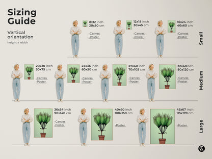 Sizing Guide for Vertical Botanical Art Print on Canvas or Poster. Features delicate translucent green petals. Choose from small medium and large sizes to fit your space. Perfect green leaf art print for bedroom or living room plant decor.