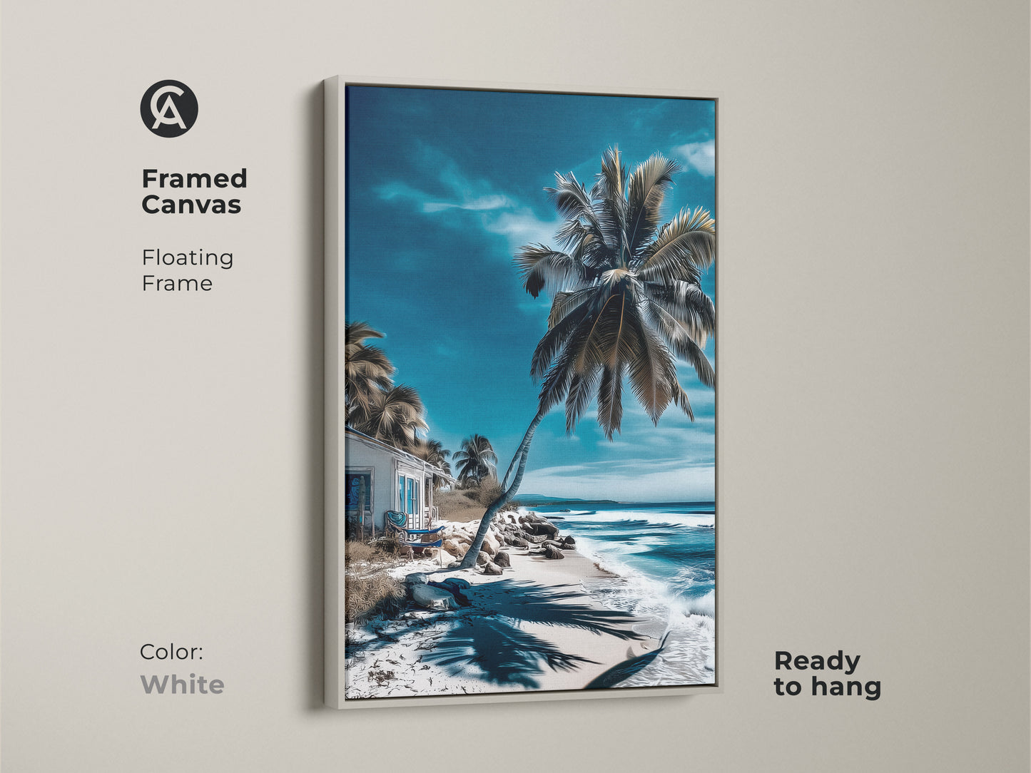 Framed canvas artwork with a white floating frame. The beach scene features a palm tree and turquoise ocean. The artwork is ready to hang. This framed art adds coastal charm to any room.