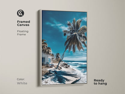 Framed canvas artwork with a white floating frame. The beach scene features a palm tree and turquoise ocean. The artwork is ready to hang. This framed art adds coastal charm to any room.