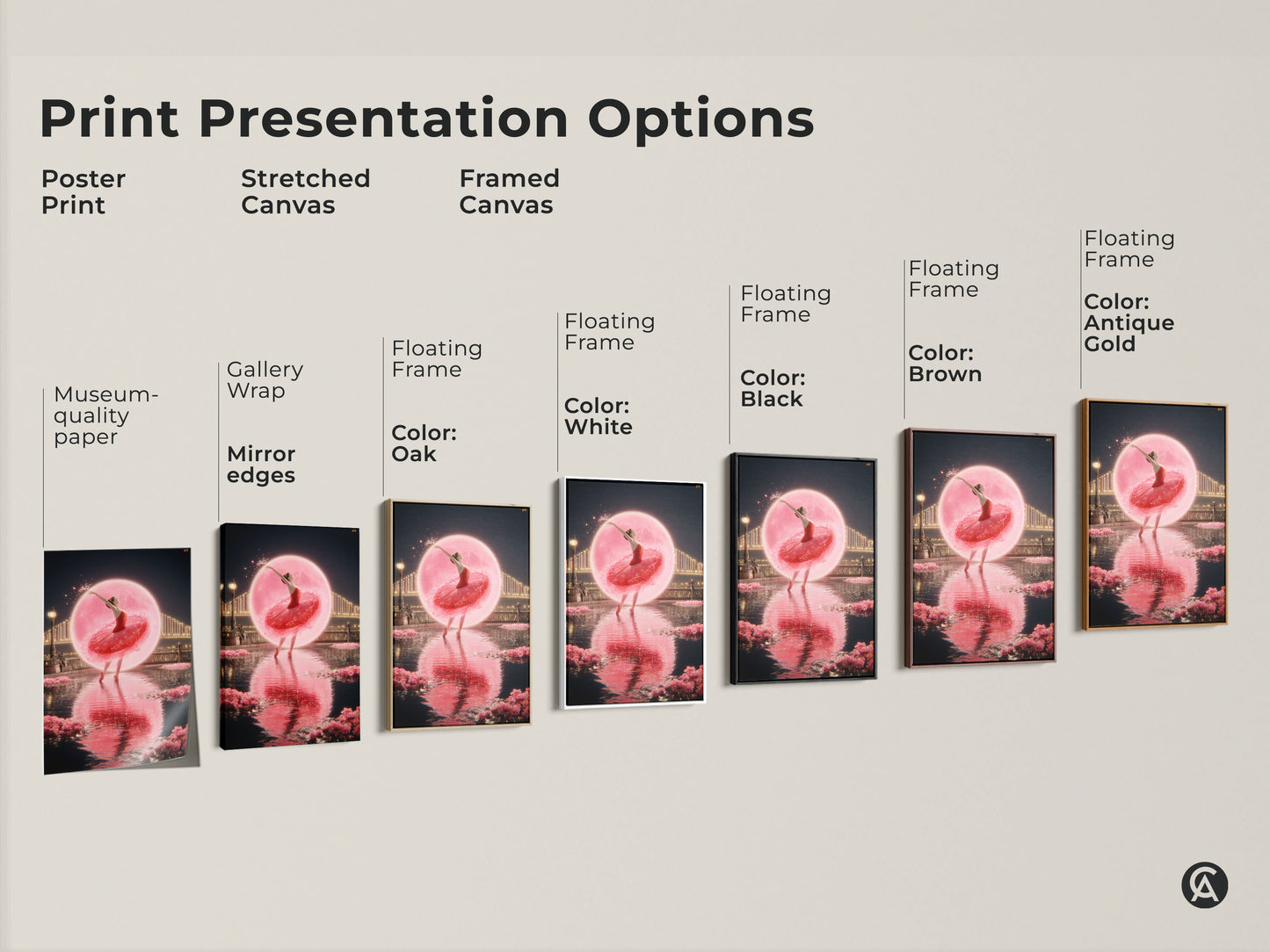 Explore print presentation options for romantic ballerina artwork. Choose from poster prints stretched canvas or framed canvas. Museum-quality paper with gallery wrap and mirror edges. Floating frames available in black brown oak antique gold and white.