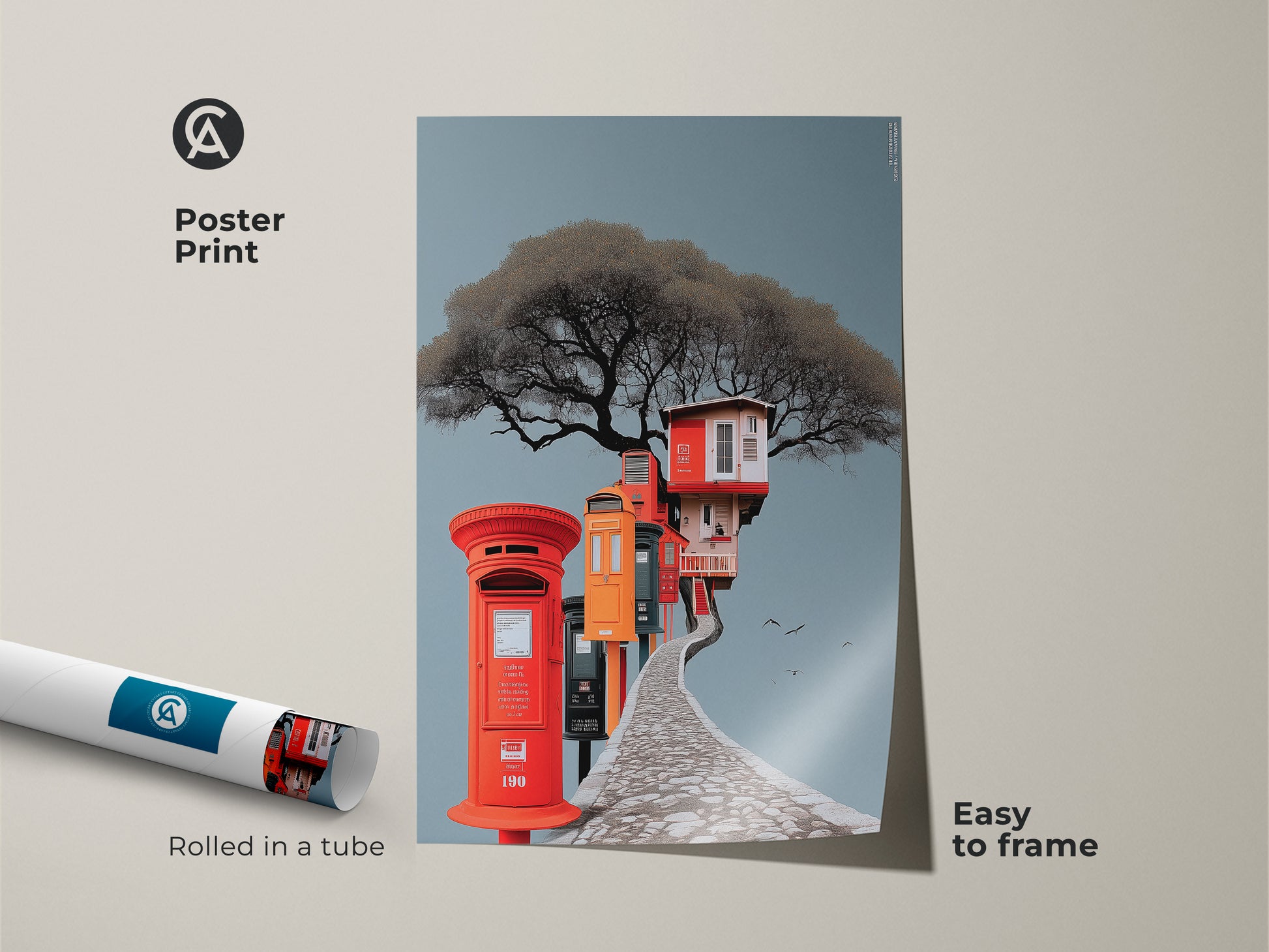 Surreal architecture poster print rolled in a tube. Eclectic treehouse and post box art is easy to frame. The whimsical artwork brings a unique touch to any room. Ideal for travel lovers and those seeking quirky nature inspired decor.