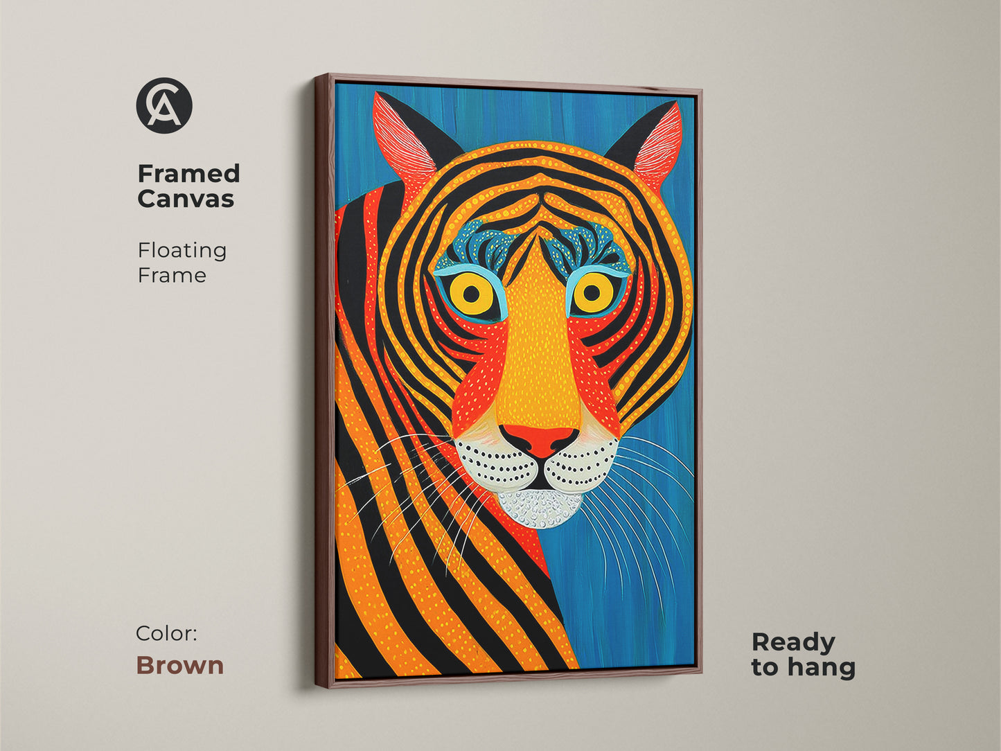 Framed canvas art with a floating brown frame. This abstract tiger print showcases a vibrant tribal animal. The ready-to-hang canvas adds a colorful touch to your eclectic room. It's a perfect gift for animal lovers.