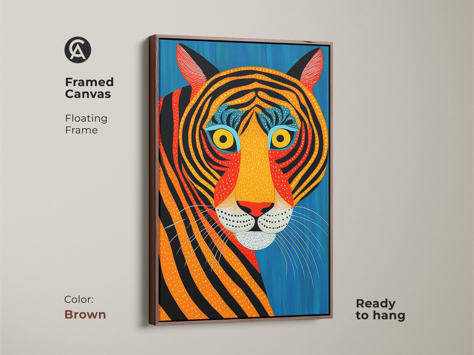 Framed canvas art with a floating brown frame. This abstract tiger print showcases a vibrant tribal animal. The ready-to-hang canvas adds a colorful touch to your eclectic room. It's a perfect gift for animal lovers.