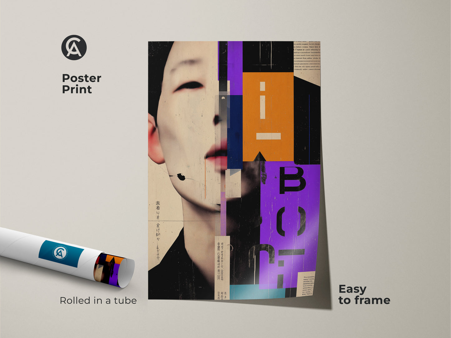 Poster print of a geometric collage canvas. This abstract face portrait features orange purple and beige art. Enhance your space with this modern office decor. Rolled in a tube it is easy to frame for a creative studio or home. Get this unique collage artwork today.