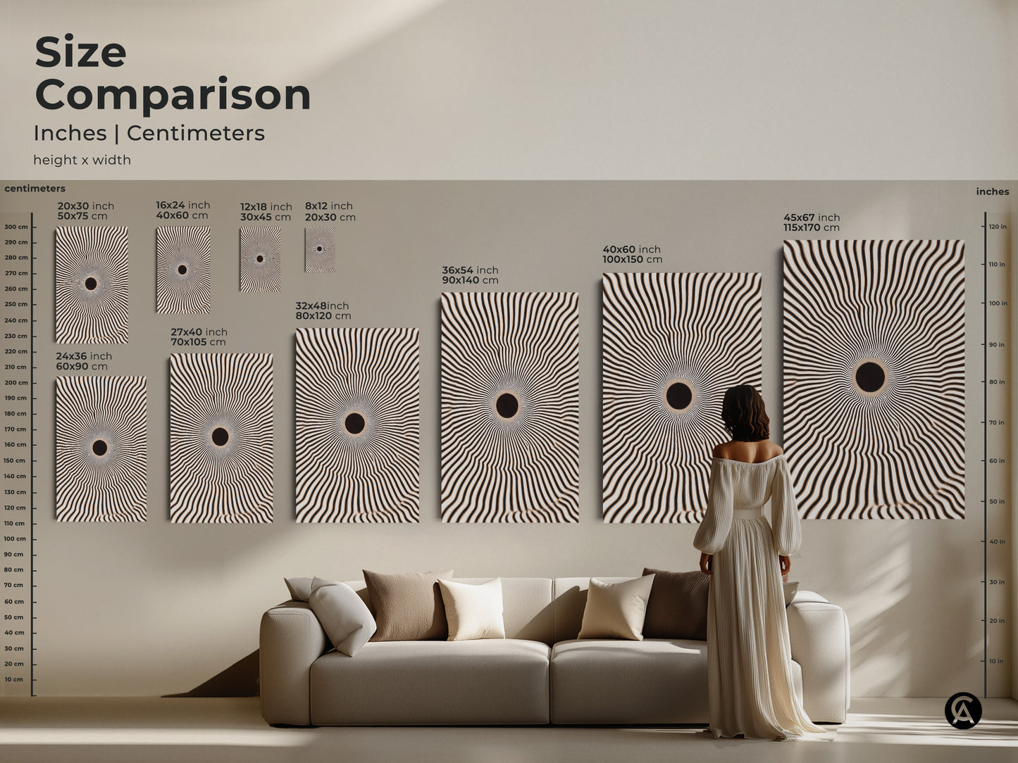 Size comparison of abstract geometric art in inches and centimeters. See how 20x30 to 45x67 inch artworks fit above a sofa. Perfect for minimalist living room decor. Transform your space today with this canvas.