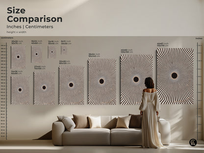 Size comparison of abstract geometric art in inches and centimeters. See how 20x30 to 45x67 inch artworks fit above a sofa. Perfect for minimalist living room decor. Transform your space today with this canvas.