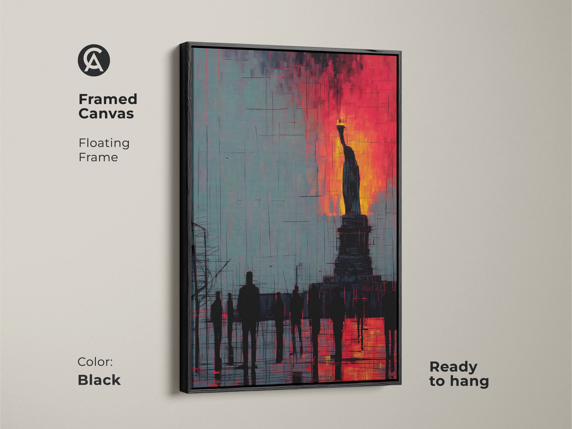 Framed canvas with a floating frame displays the Statue of Liberty artwork. This abstract cityscape print comes in black. Crimson and teal create a bold statement piece that's ready to hang.