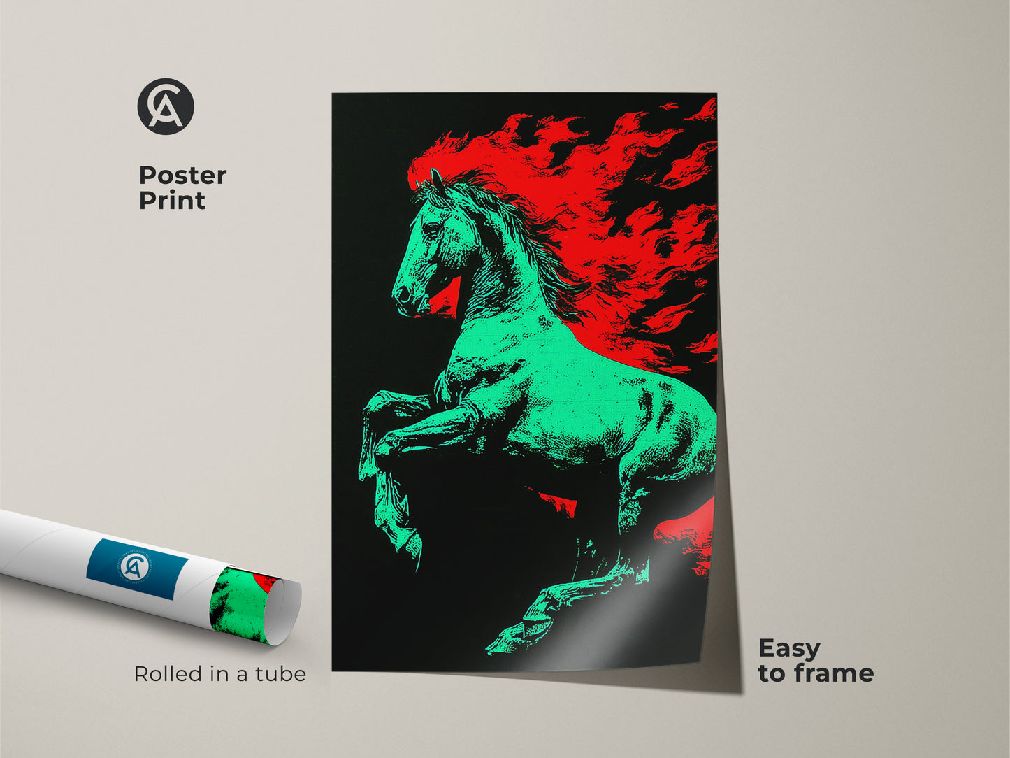 Poster print of a pop art horse with green and red flames. This equine fine art print is easy to frame. Rolled in a tube for safe shipping. Perfect study room wall decor or office workspace art.