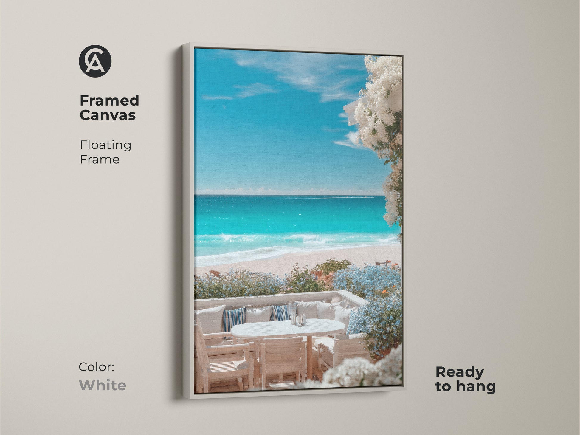 Framed canvas print featuring a calming beach scene with a floating white frame. This ready to hang beach art showcases clear turquoise water and white flowers. Add a touch of coastal beauty to any room with this artwork.