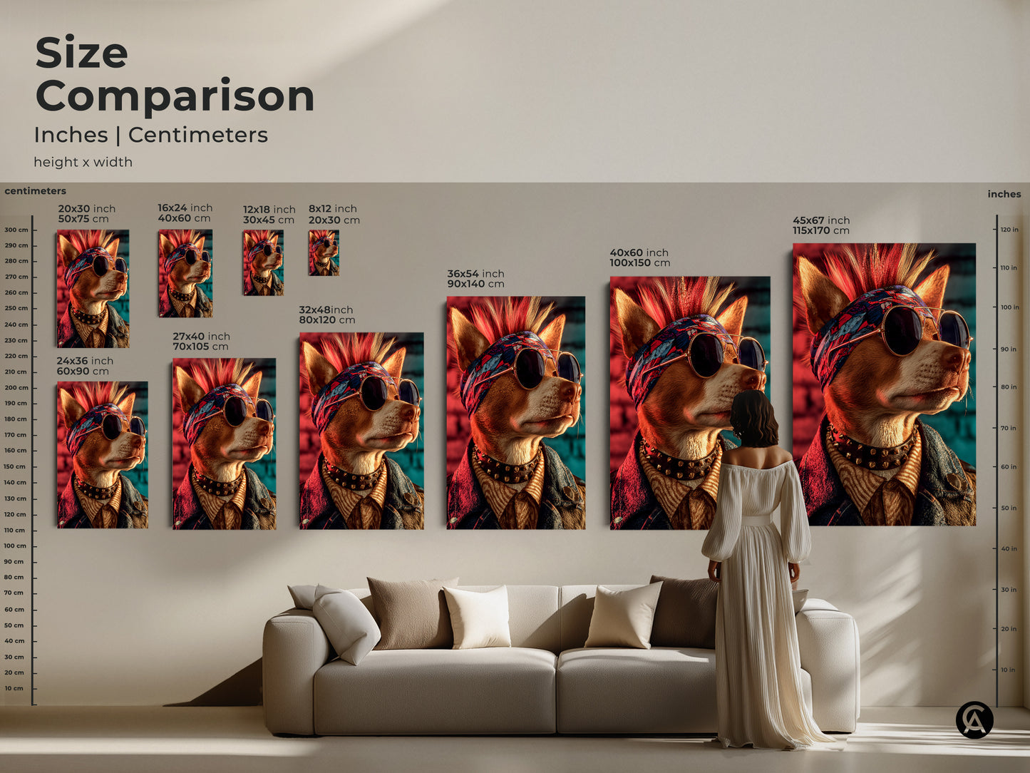 Size comparison of the punk rock dog canvas art. See various sizes available from small to large. The artwork features a mohawk dog with sunglasses. It provides inches and centimeters for size. It helps visualize how the artwork fits. This cool artwork can transform your living space. A rockabilly dog art print.