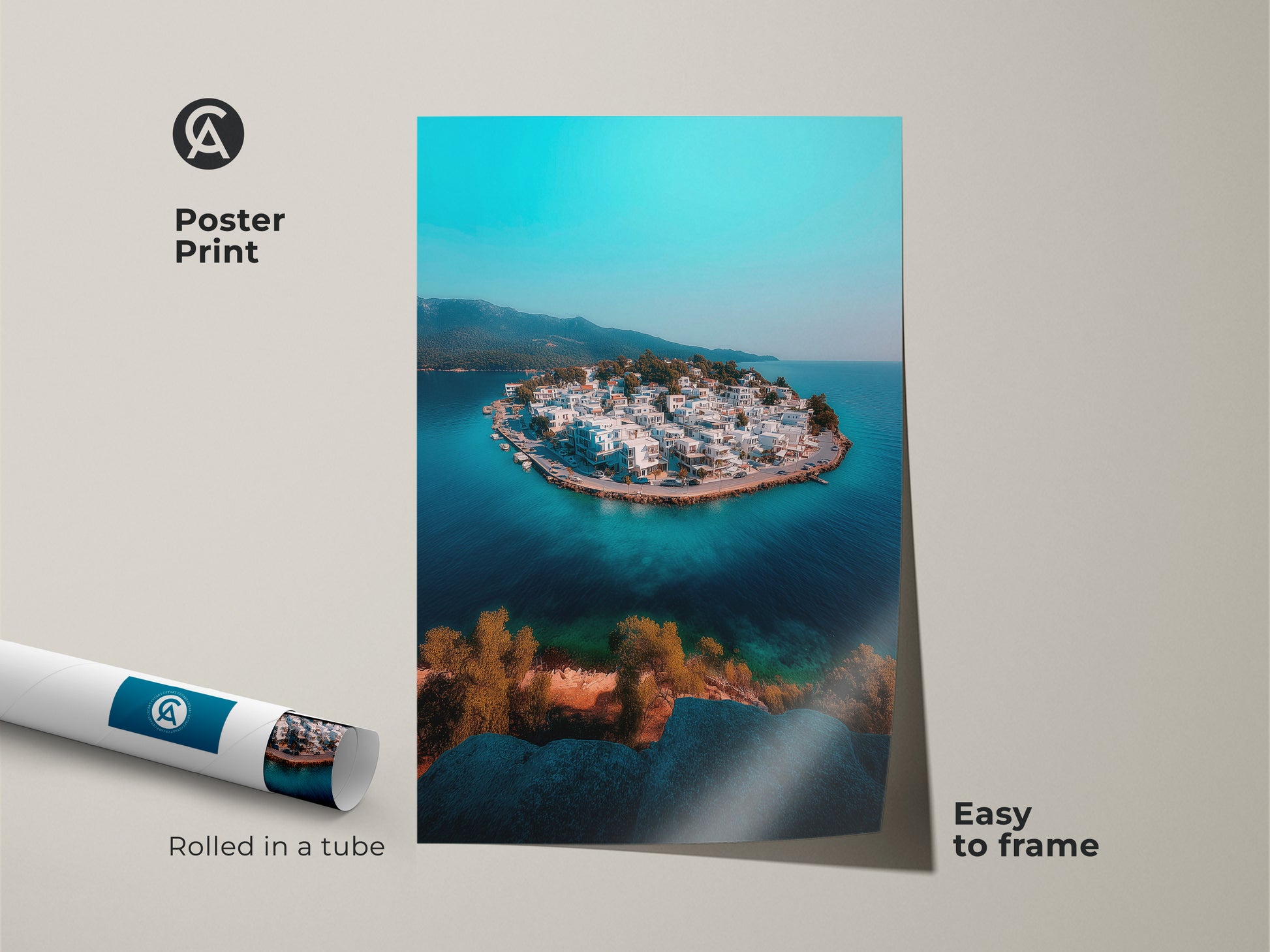 A rolled poster print displays an aerial view of a charming island village with turquoise waters. This museum-quality paper art is easy to frame offering a modern travel-themed aesthetic. Capture the essence of a Mediterranean seaside town with this coastal artwork perfect for a travel lover's collection.
