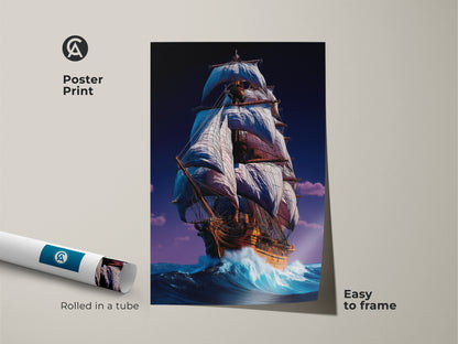 Nautical art print featuring a tall ship on museum-quality paper. The pirate ship art print comes rolled in a tube for easy framing. This classic sea voyage print makes a thoughtful traveler gift idea. The ocean wave artwork captures a dramatic seascape.