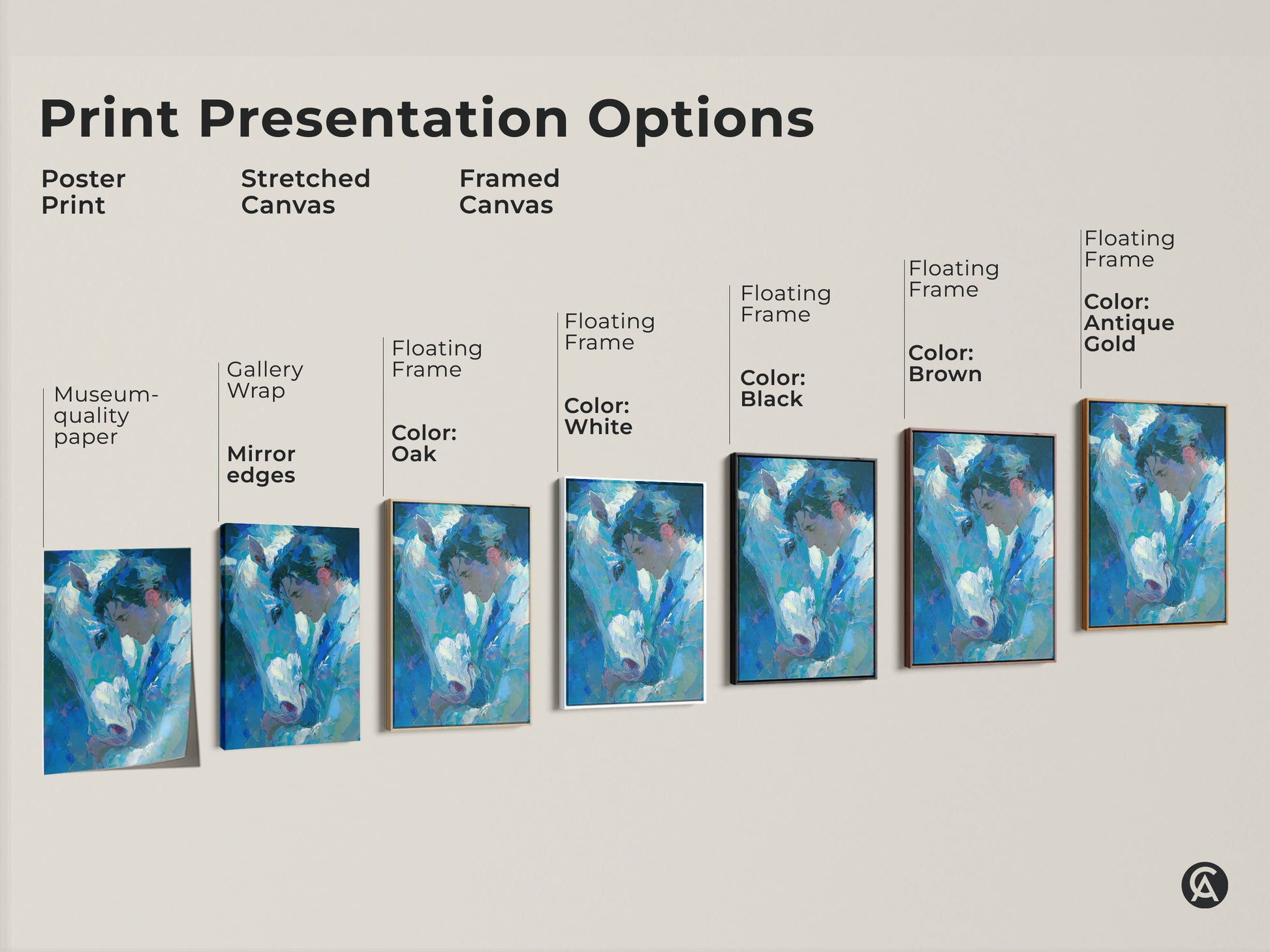 Explore print presentation options for the man and horse artwork. Choose from poster prints stretched canvas and framed canvas. Each format enhances the emotional impact. Find the perfect style to match your taste and decor. Transform your space today.
