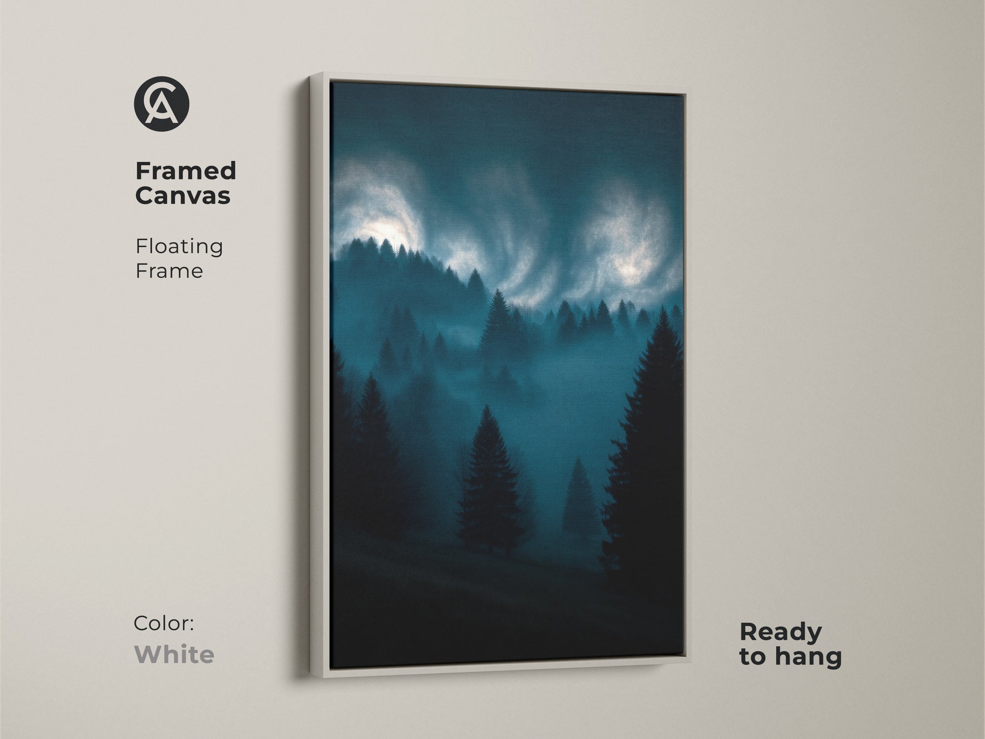 Framed canvas featuring a misty forest art print. The dark teal and midnight blue tones create a modern nature scene. Ready to hang with a white floating frame.