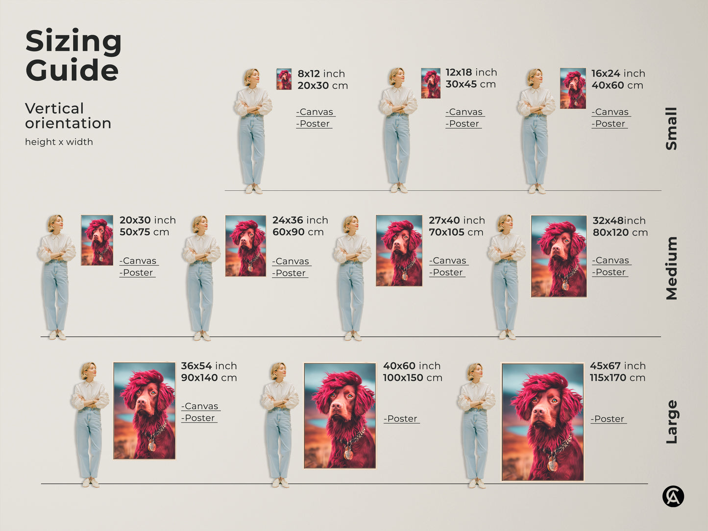 Sizing guide for the eclectic dog art print. The canvas and poster are available in small medium and large sizes. The stylized animal portrait features a brown dog with red hair. This is the perfect dog lover gift idea.