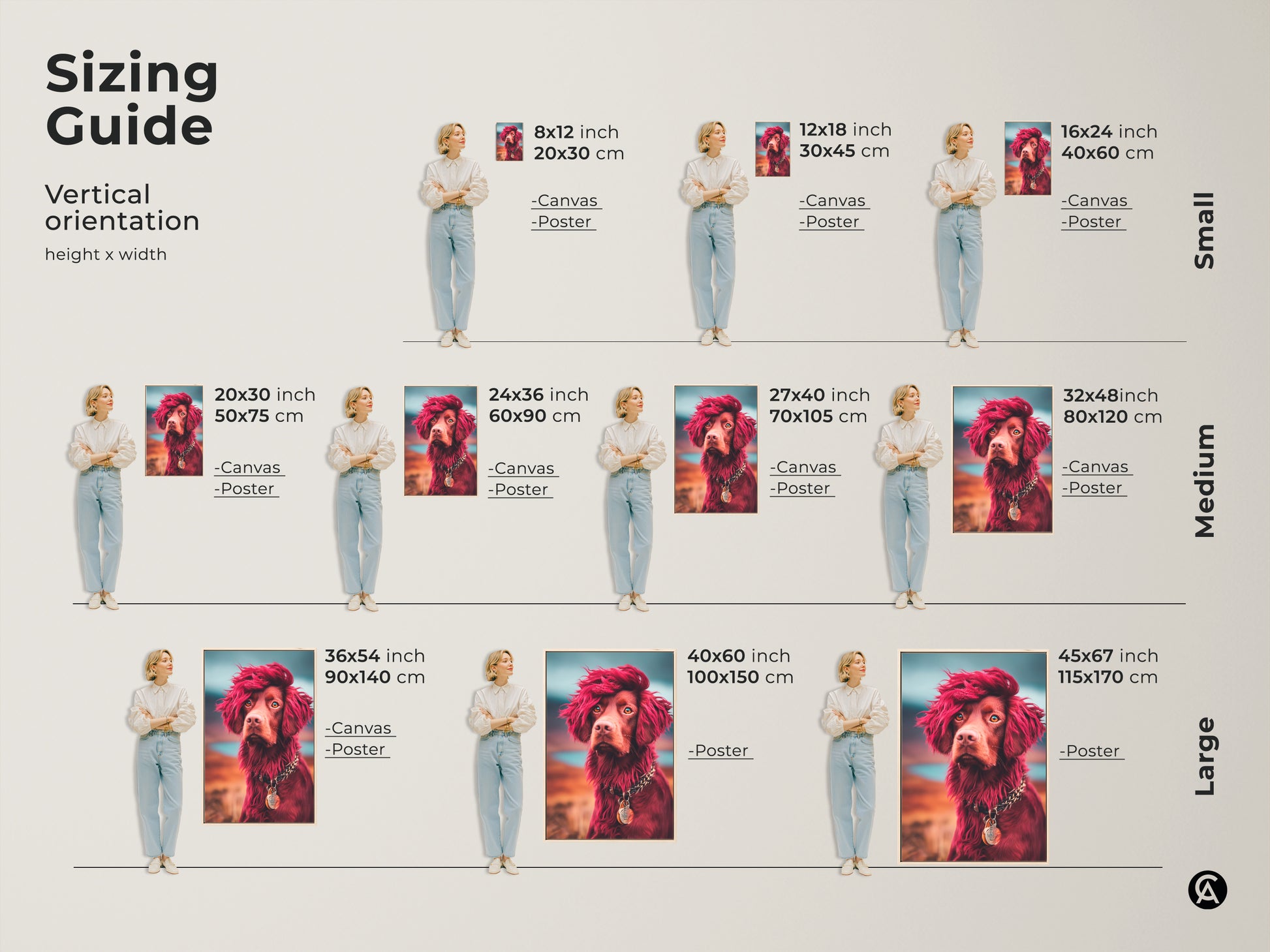 Sizing guide for the eclectic dog art print. The canvas and poster are available in small medium and large sizes. The stylized animal portrait features a brown dog with red hair. This is the perfect dog lover gift idea.