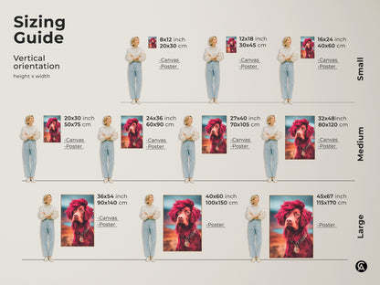 Sizing guide for the eclectic dog art print. The canvas and poster are available in small medium and large sizes. The stylized animal portrait features a brown dog with red hair. This is the perfect dog lover gift idea.