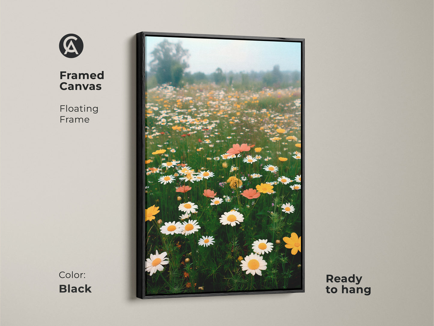 Black framed canvas of a vibrant daisy field. This impressionistic landscape painting brings a touch of spring to your walls. The botanical artwork is ready to hang. It's perfect for adding a cozy feel to your home.