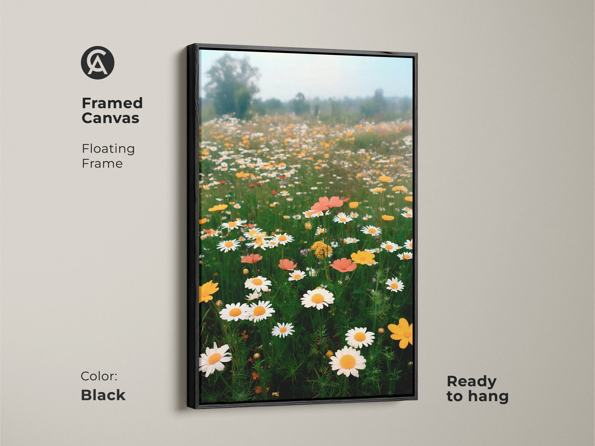 Black framed canvas of a vibrant daisy field. This impressionistic landscape painting brings a touch of spring to your walls. The botanical artwork is ready to hang. It's perfect for adding a cozy feel to your home.