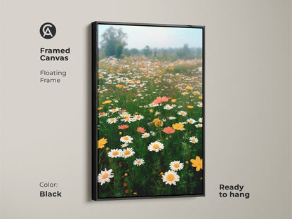 Black framed canvas of a vibrant daisy field. This impressionistic landscape painting brings a touch of spring to your walls. The botanical artwork is ready to hang. It's perfect for adding a cozy feel to your home.
