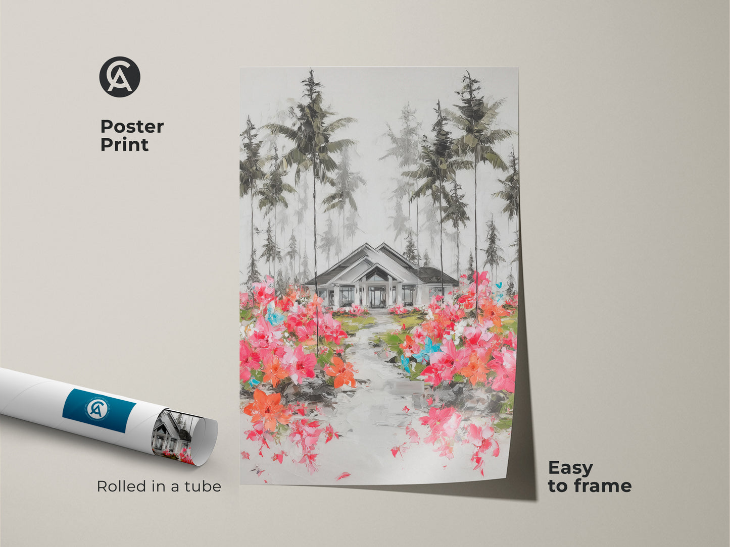 This poster print showcases a house surrounded by pine trees with a floral path. This wall art is rolled in a tube and easy to frame. This art print captures a serene residential scene perfect for adding a pop of color. The impressionistic artwork brings nature indoors.