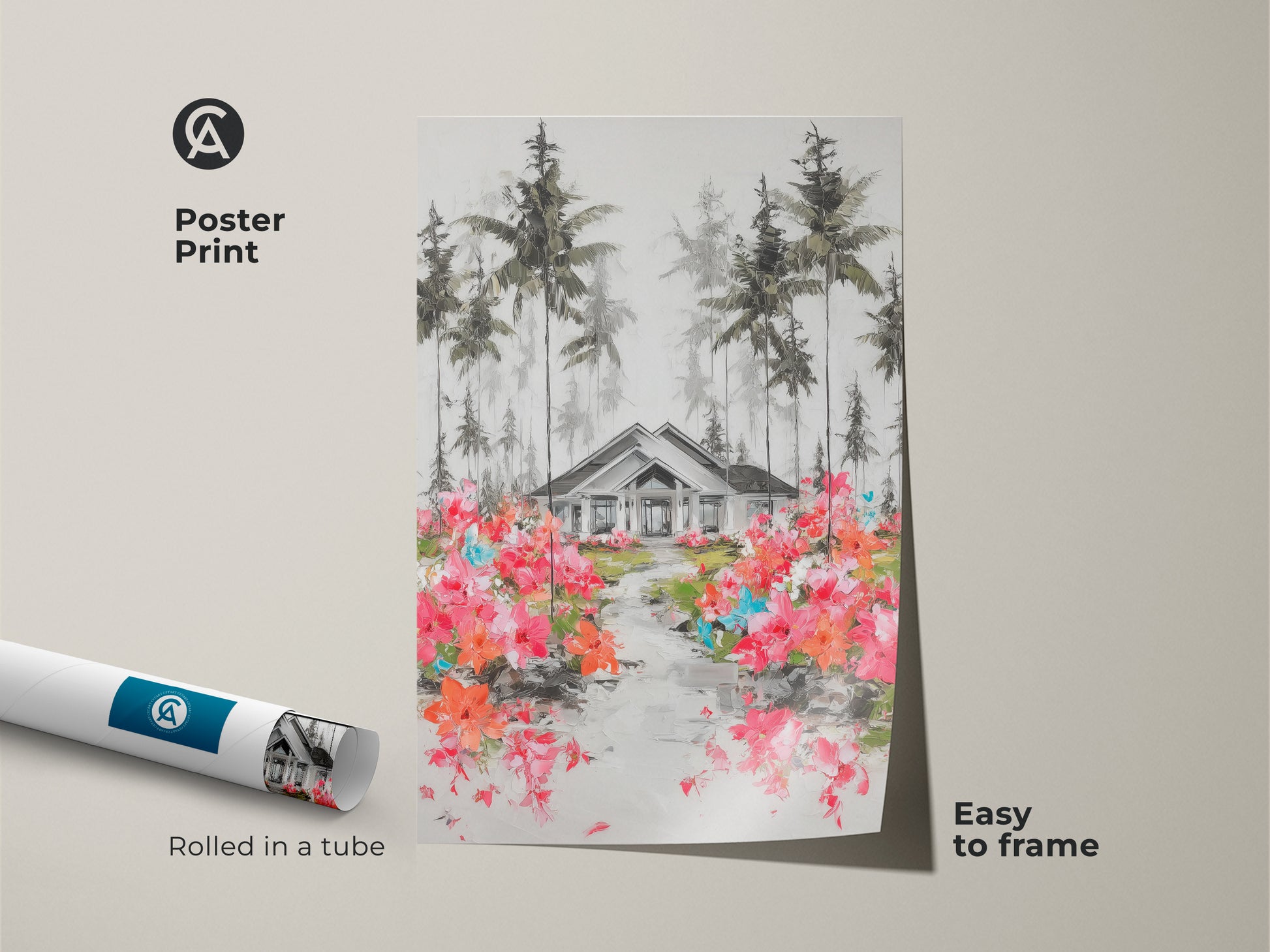 This poster print showcases a house surrounded by pine trees with a floral path. This wall art is rolled in a tube and easy to frame. This art print captures a serene residential scene perfect for adding a pop of color. The impressionistic artwork brings nature indoors.