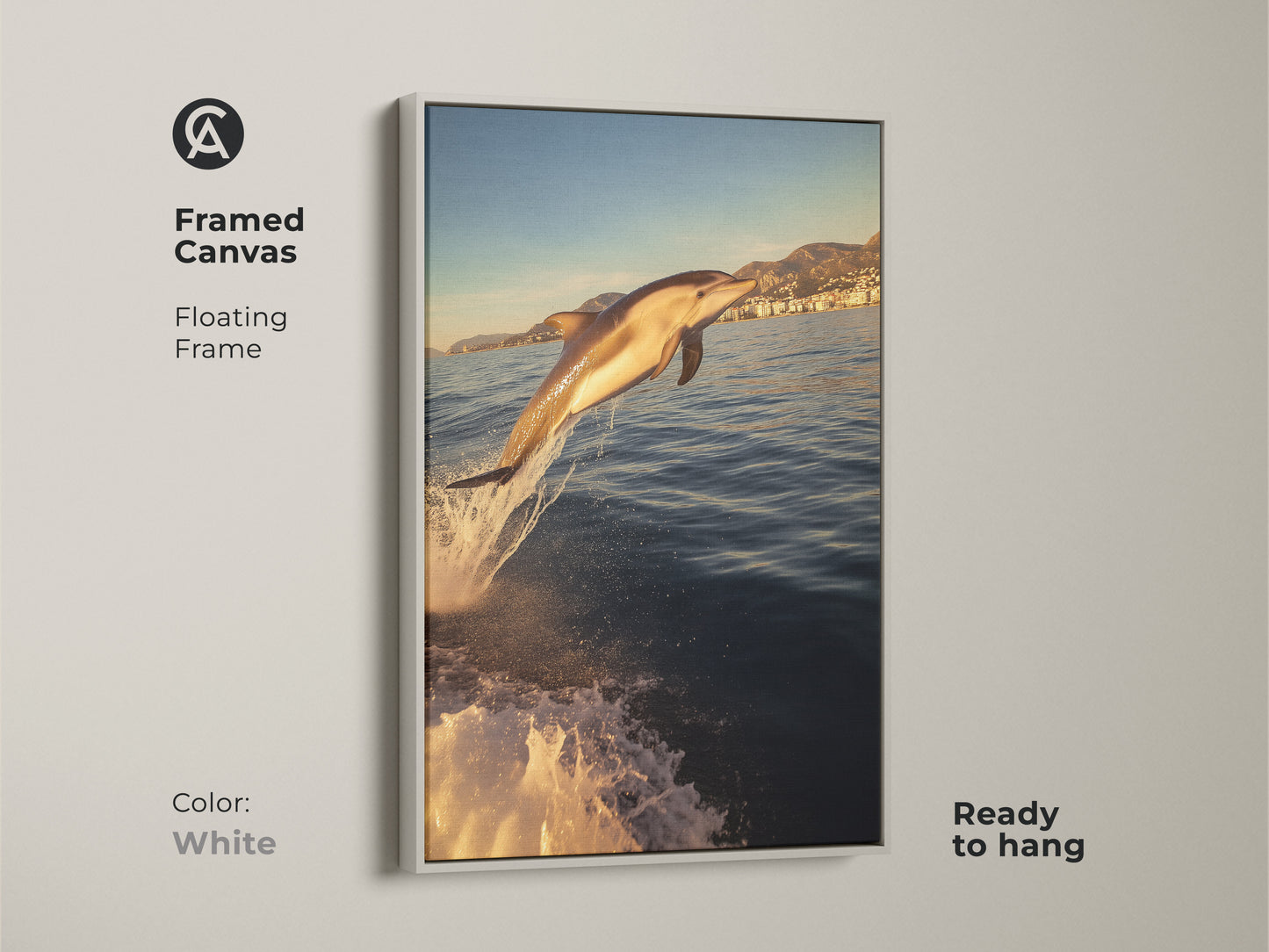 Framed canvas art with a white floating frame showing a dolphin leaping. Ready to hang and perfect for coastal artwork. The artwork captures a dolphin jumping out of the ocean. It is a photorealistic style with golden yellow sunlight. This piece adds a dynamic focal point to any room.