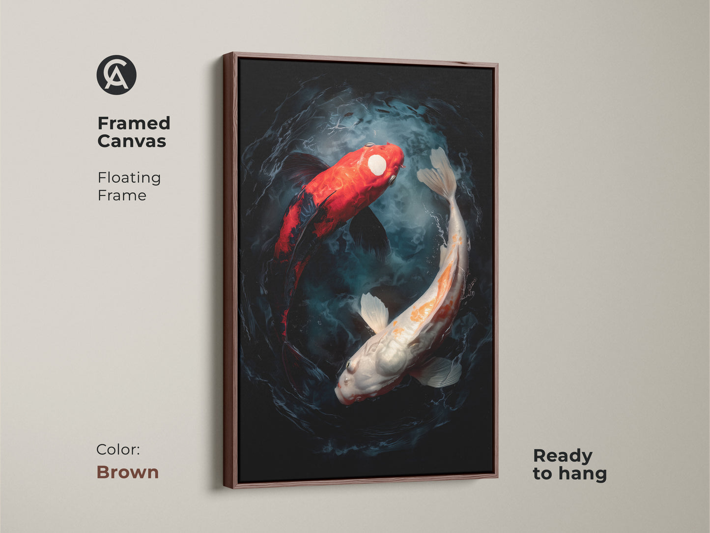 A framed canvas print of two koi fish swimming in a yin and yang formation. The artwork is modern and the frame is brown. This floating frame canvas art is ready to hang